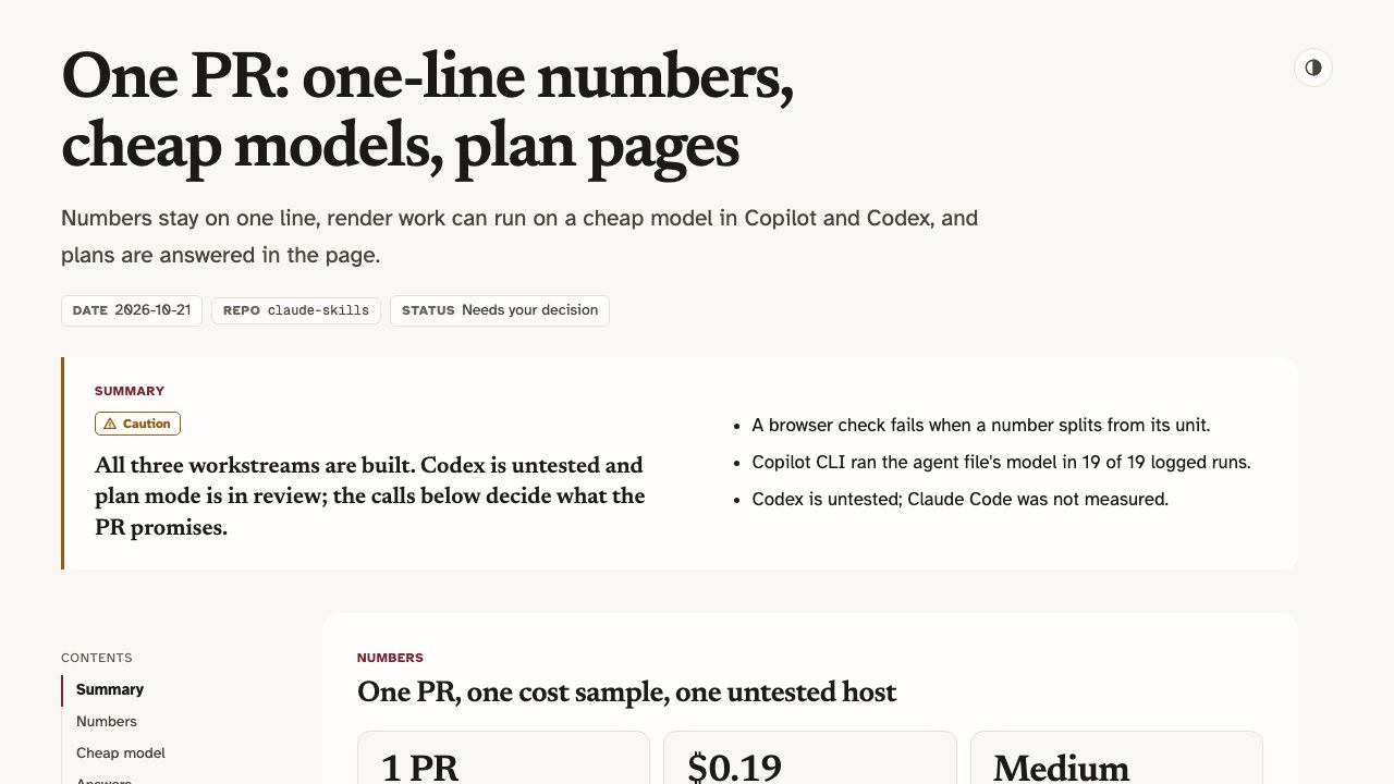 The same plan page in the brief theme: serif headings on warm paper
