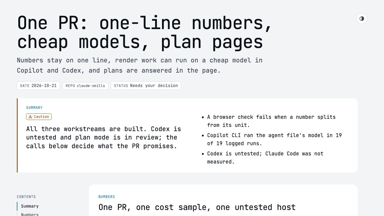 A plan page in the mono theme: monospace headings, a summary and the numbers the plan rests on