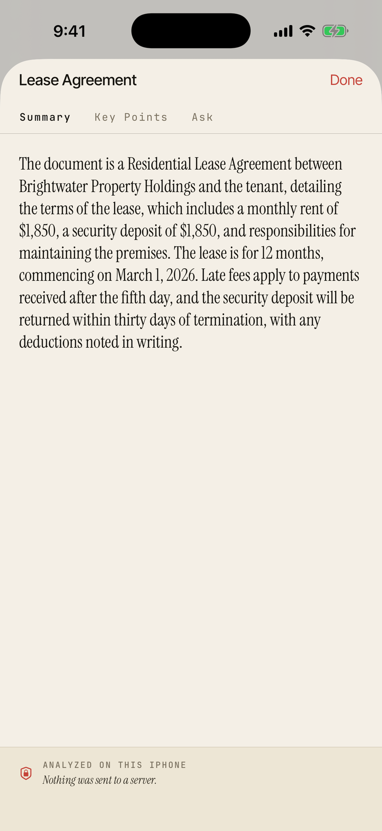 An on-device AI summary of a lease agreement