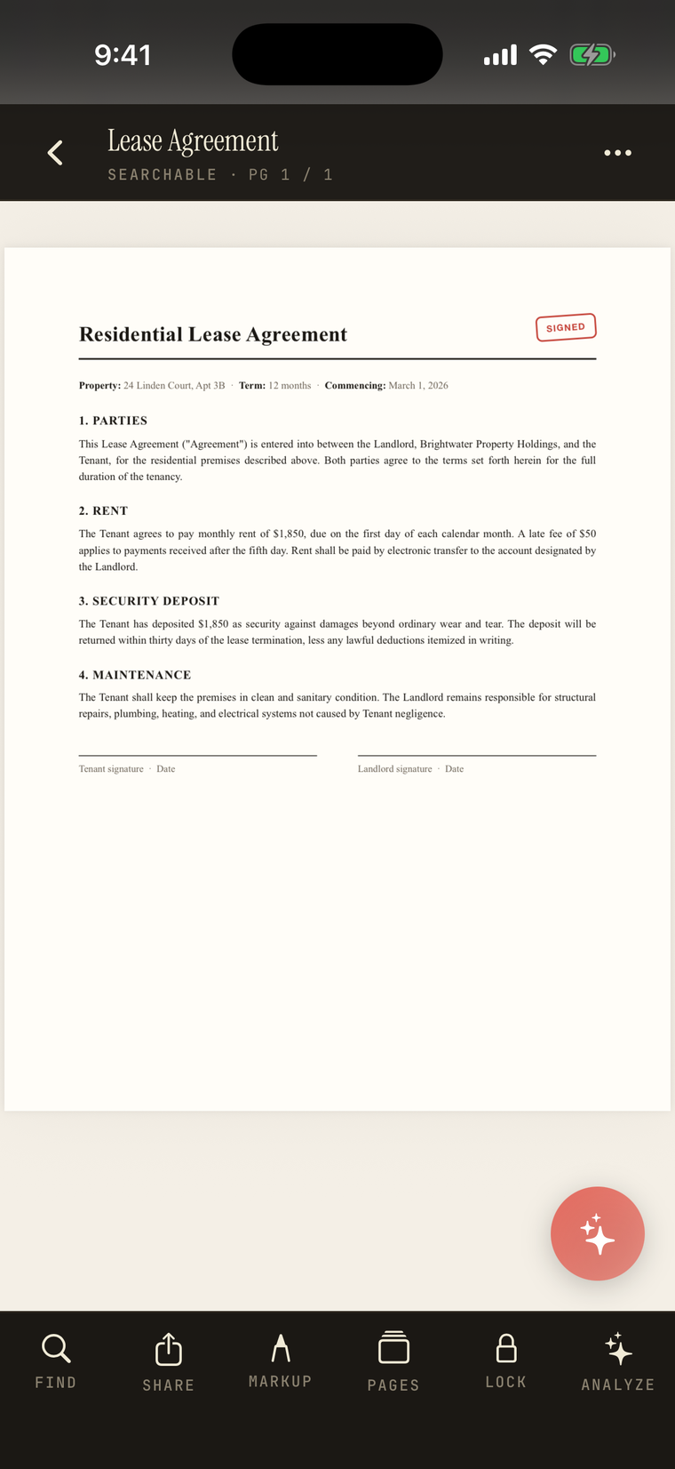 A scanned document open in dark mode