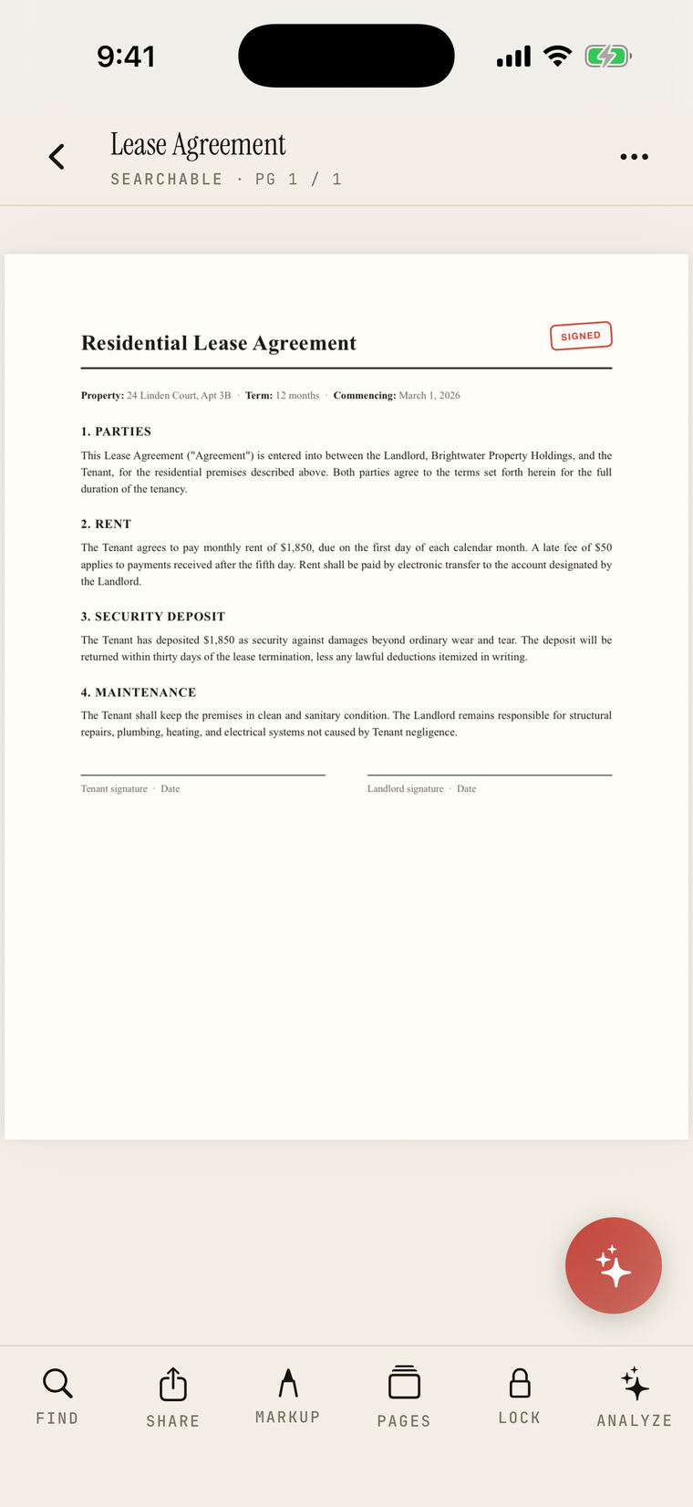 A scanned lease open in Paperix, marked searchable