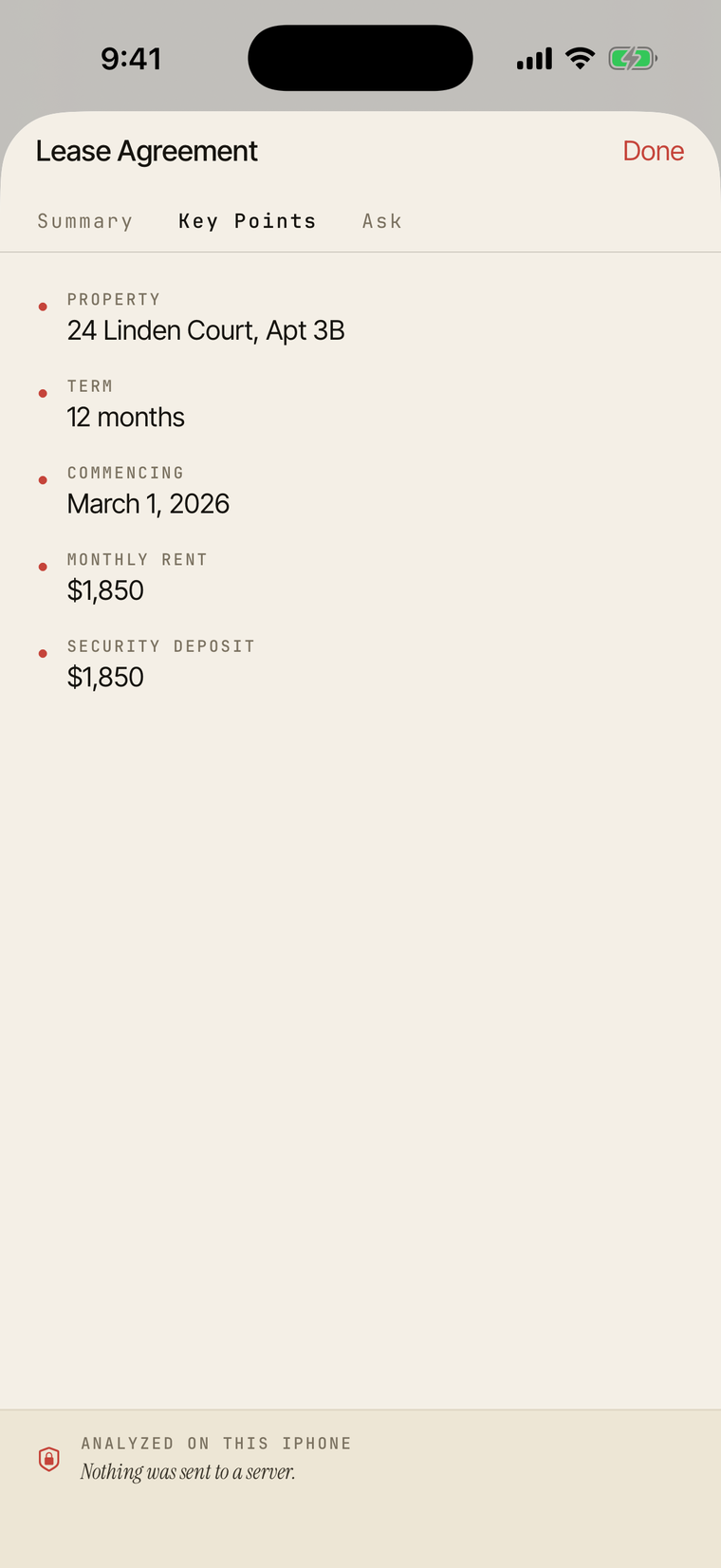 AI-extracted key points: property, term, monthly rent, deposit