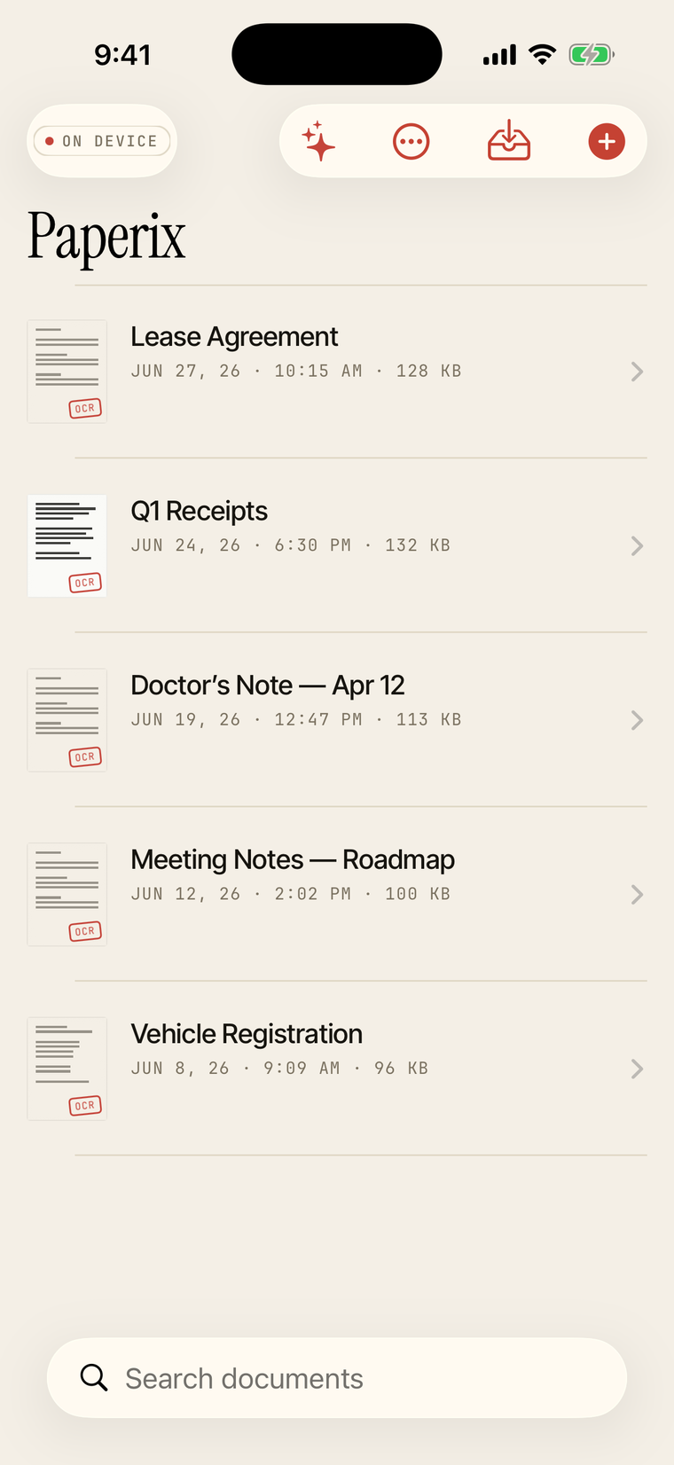 Paperix library — a list of scanned documents with OCR badges, dates, and sizes