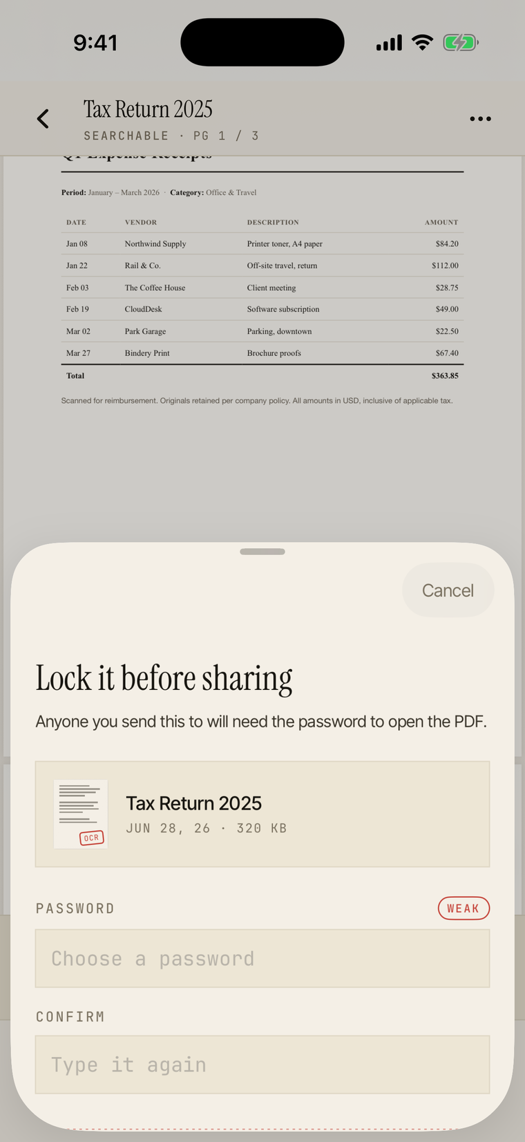 The password-protected export sheet