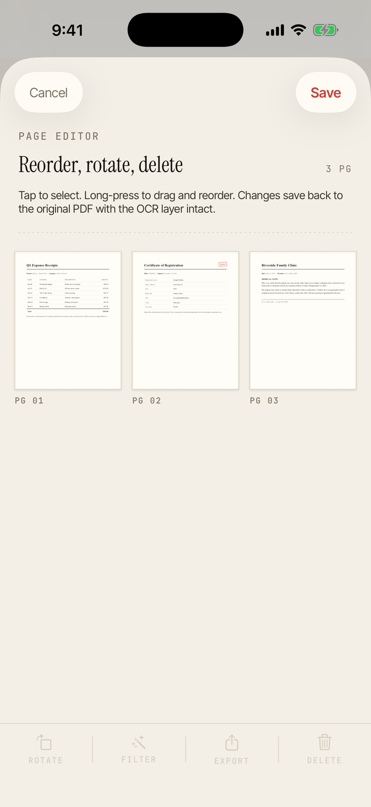 The page editor showing three pages to reorder, rotate, or delete